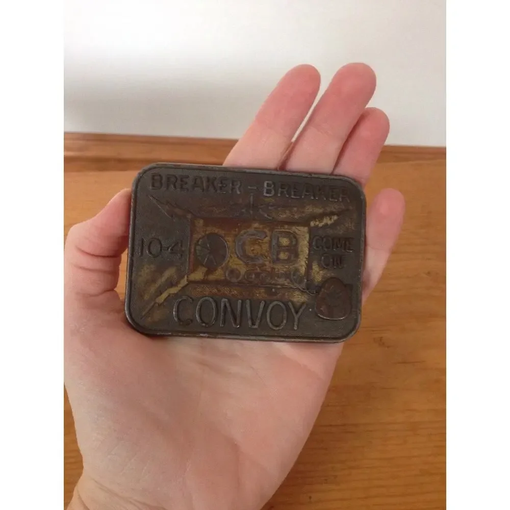 Vtg 70s CB Radio Breaker-Breaker 10-4 Convoy Solid Brass Chunky Belt Buckle